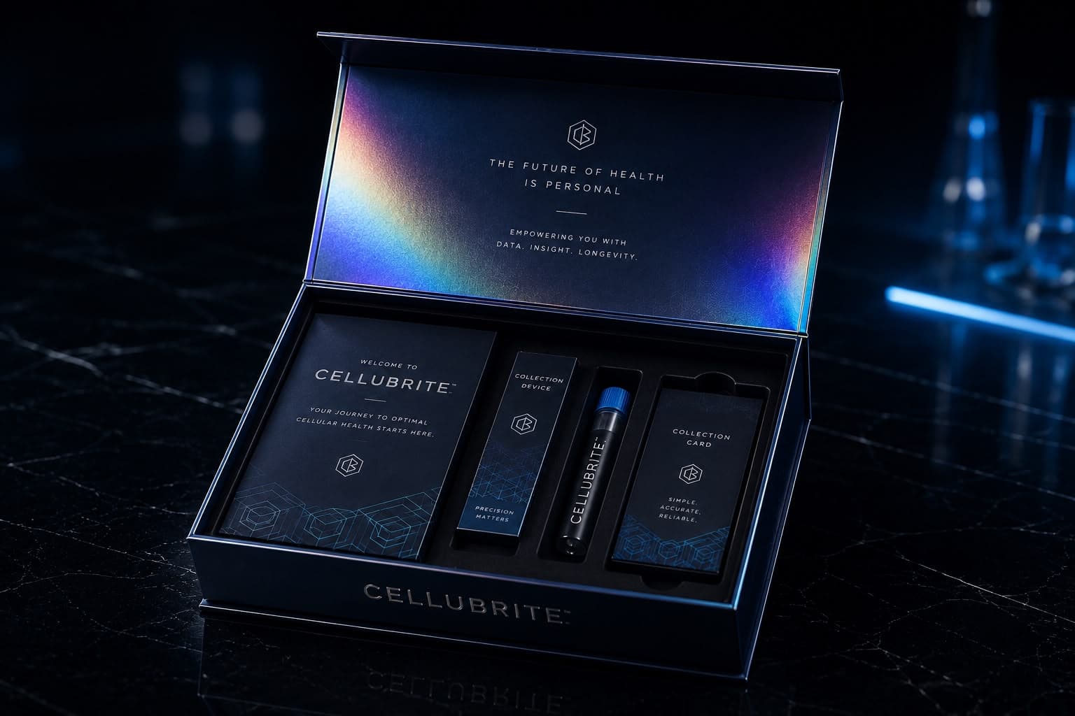 Open Cellubrite at-home biomarker collection kit with collection device, vial, and card