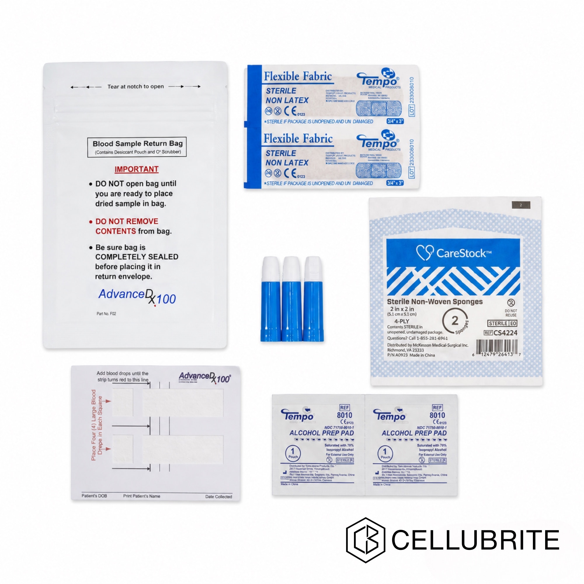 Blood sample return bag, bandages, lancets, gauze, collection card, and alcohol pads arranged on white