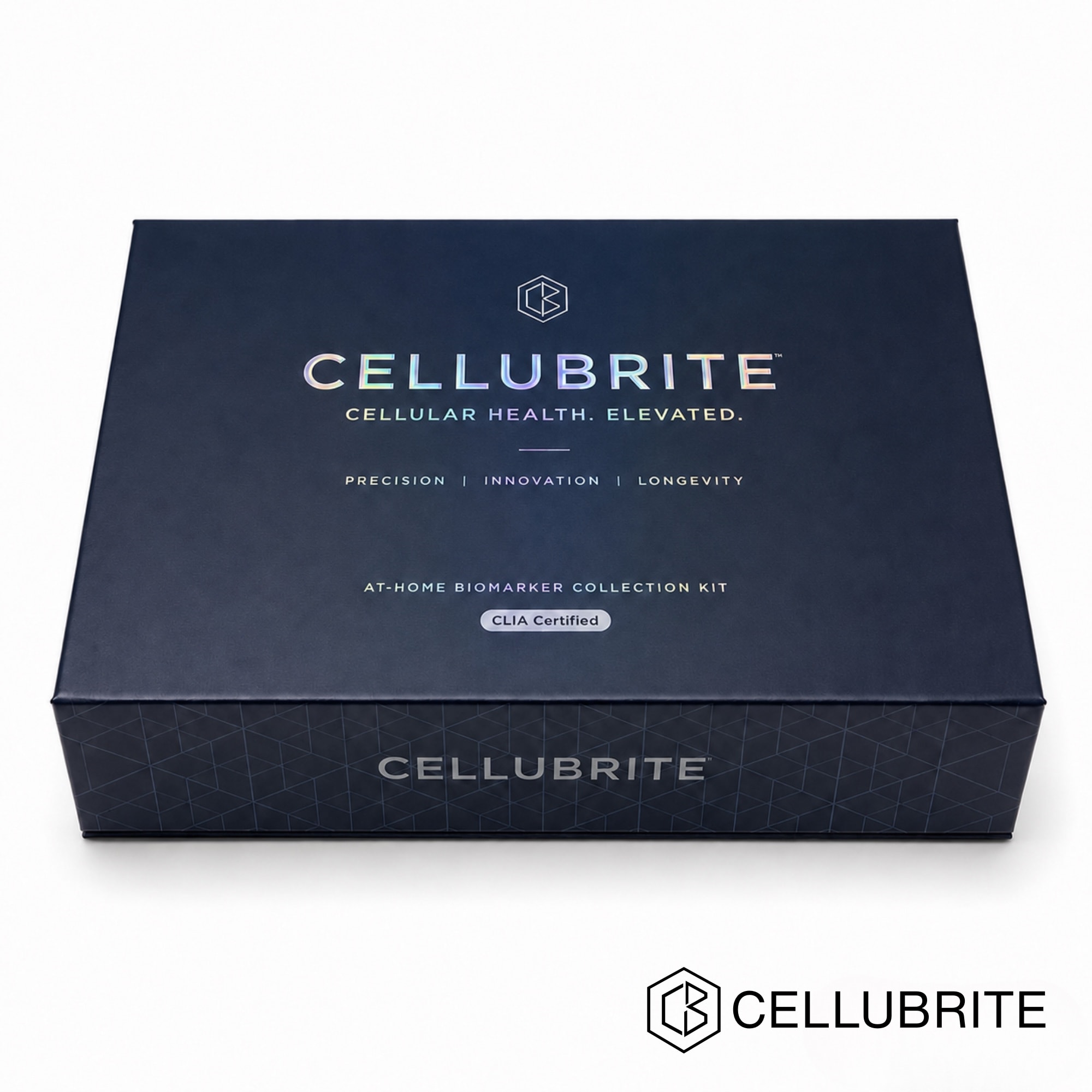 Closed navy Cellubrite collection kit box photographed from the front