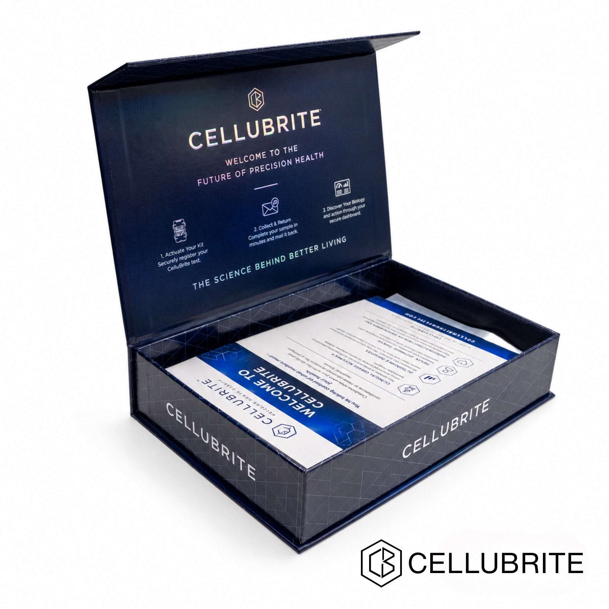 Open navy Cellubrite kit box with instruction sheets inside