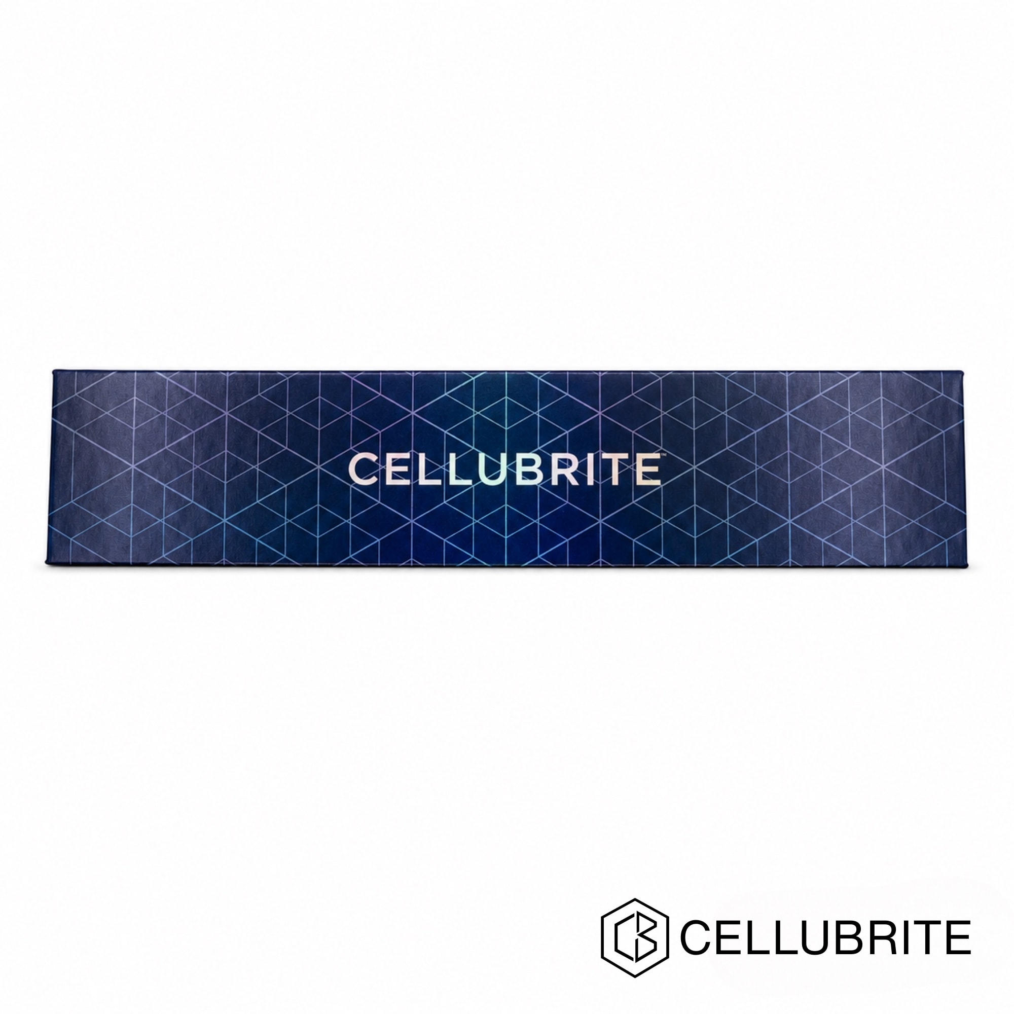 Side view of a closed navy Cellubrite box with a geometric pattern