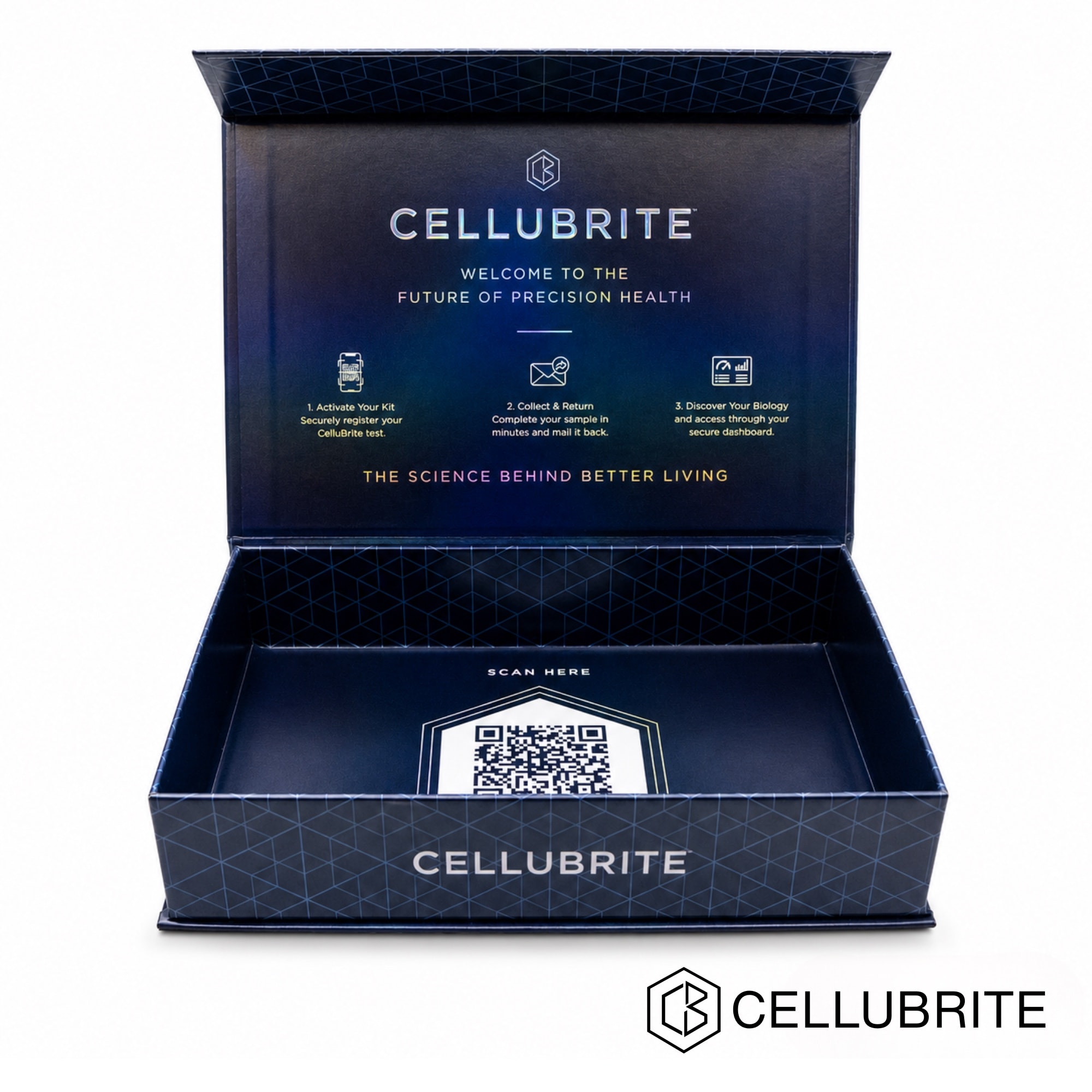 Open empty Cellubrite box with printed setup steps and a QR code inside