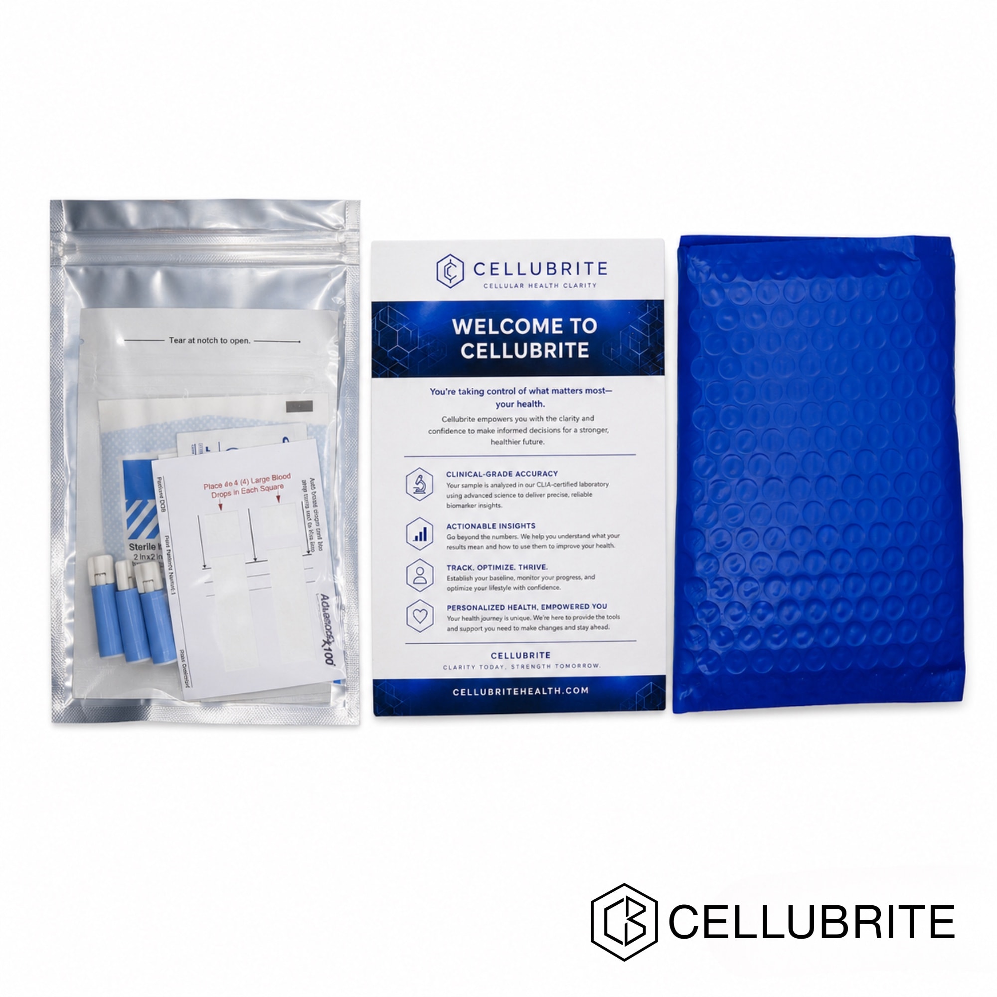 Clear return pack with collection supplies beside a welcome insert and blue padded mailer