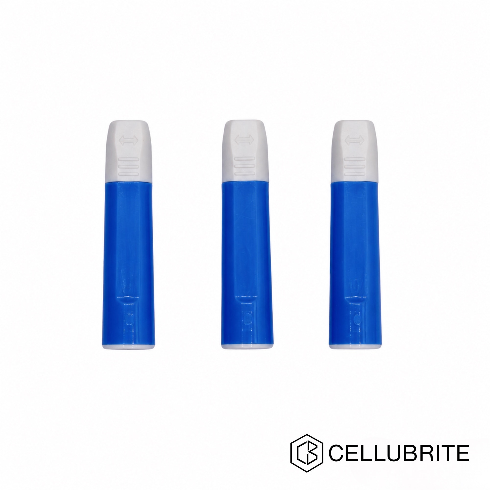 Three blue and white lancets arranged upright on white